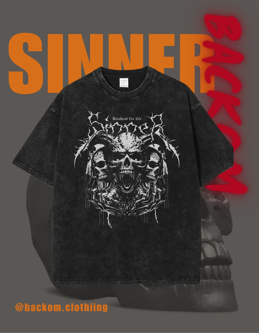"SINNER – Metalhead Skull Graphic Tee" Acid wash oversize tshirt